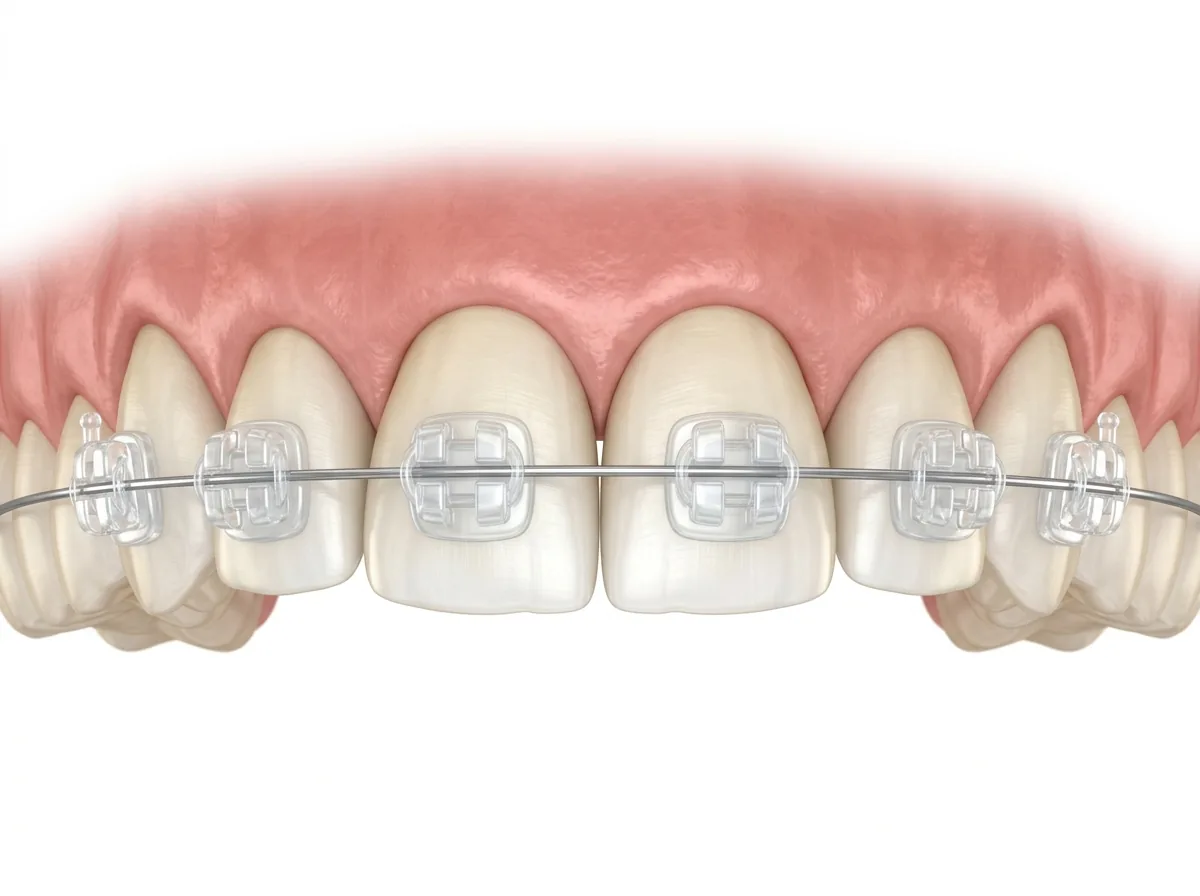 Gros plan sur des bagues orthodontiques en céramique translucide posées sur les incisives supérieures