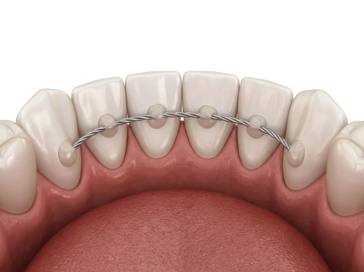 Schéma 3D d'une contention orthodontique fixe : fil torsadé collé à l'arrière des six incisives inférieures par des plots de composite