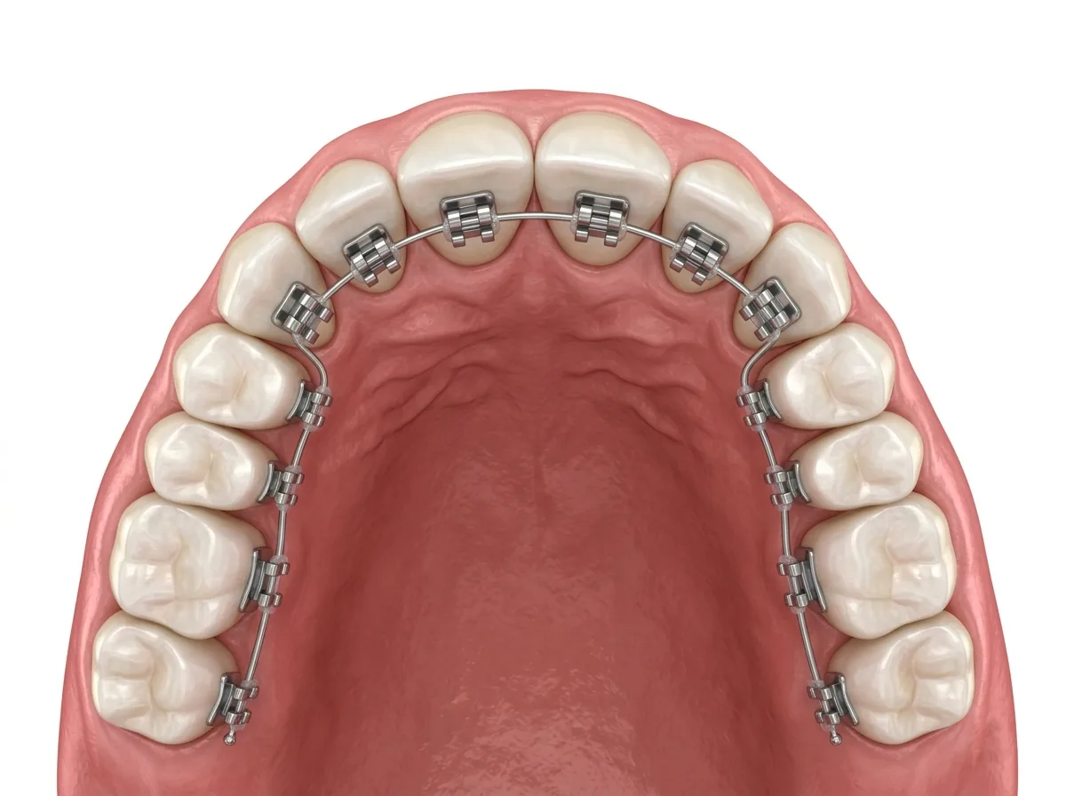 Schéma 3D montrant les bagues linguales placées sur la face interne des dents supérieures, du côté de la langue