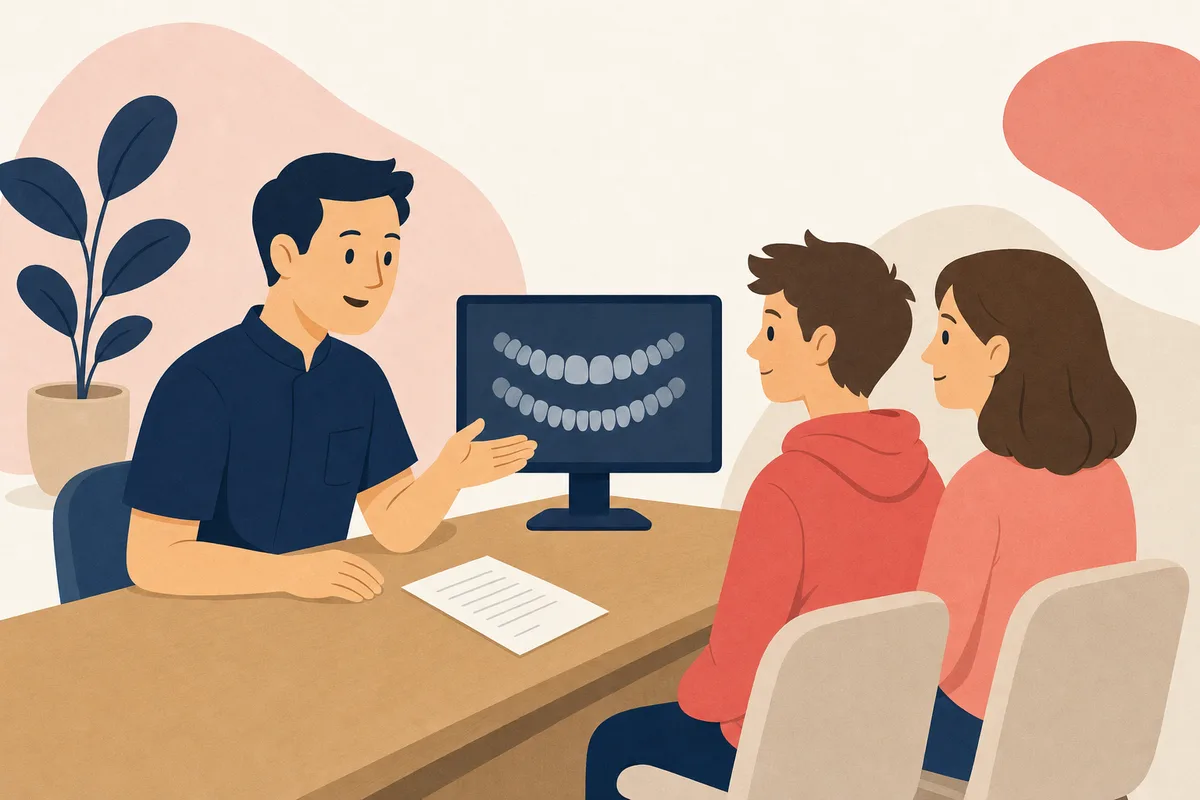 Illustration d'un orthodontiste qui explique les résultats du bilan à un adolescent et à son parent, une radiographie des dents affichée à l'écran