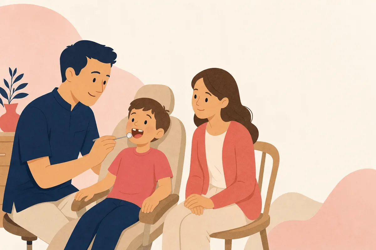 Illustration d'un orthodontiste qui examine les dents d'un enfant assis au fauteuil, un parent à ses côtés